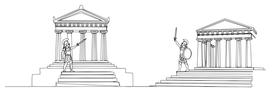 Single continuous line drawing of ancient Greek warriors debating in front of the Parthenon temple at the Acropolis. Philosophy and history of Athens concept minimalist vector art illustration.
