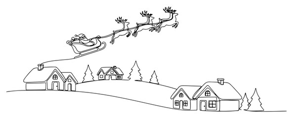 One continuous line drawing of Santa Claus flying in a sleigh with reindeer over a snowy winter village. Christmas Eve night scene. Minimalist holiday vector illustration. © Wieslaw