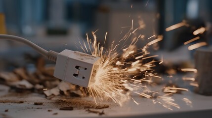 Sparks flying from an overloaded power socket, representing danger, equipment failure, and the importance of household electrical safety and fire prevention. cinematic color correction, gentle
