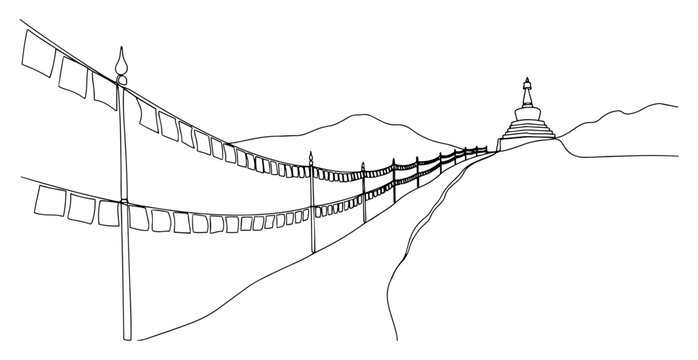 One continuous line drawing of a path with Tibetan prayer flags leading to a stupa in the Himalayas. Buddhist sacred landscape. Minimalist spiritual vector illustration.