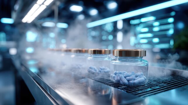 Glass jar of blue capsules on sterile conveyor in futuristic pharmaceutical lab