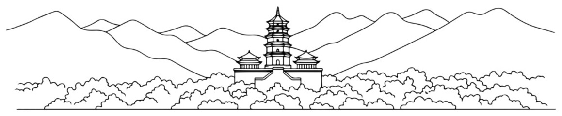 Traditional Asian pagoda temple in mountain landscape. Vector line art illustration