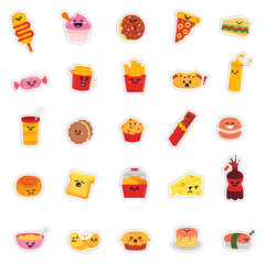 Cute fast food Element Vector food and drink icons set featuring breakfast, pizza, coffee, cake, and burger illustrations for restaurant and cafe design