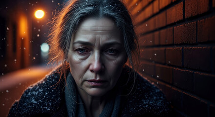 Homeless woman portrait on cold winter night street urban poverty