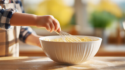 Person stirring dough in mixing bowl in cozy kitchen, concept of cooking, homemade food and everyday lifestyle.