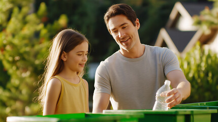 Father and daughter outdoors recycling plastic bottle together, concept of sustainability, family values and environmental awareness.