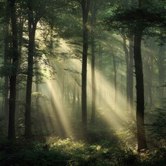 Obraz premium Sunlit Green Forest with Tall Trees and Foggy Rays of Light