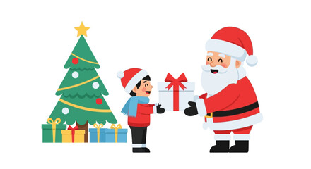 Fototapeta premium Santa Claus giving a gift to a child near a Christmas tree.