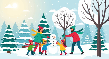 Family building a snowman in a snowy winter landscape with trees.