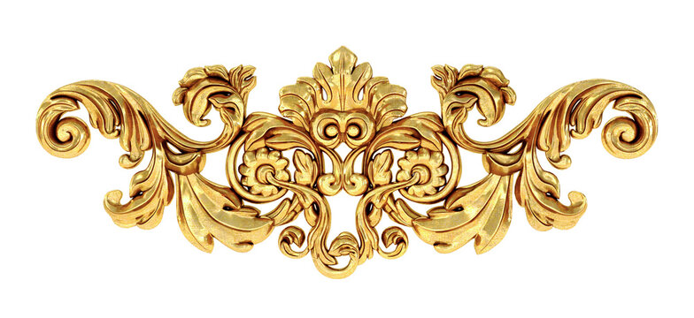 vintage gold baroque frame scroll, gold ornament on transparent background