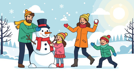 Family building a snowman in a snowy winter landscape.