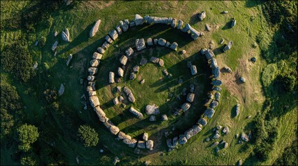 Overhead drone view of an ancient prehistoric stone circle on grassy hill