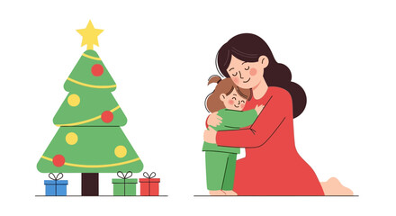 A mother and daughter hugging next to a Christmas tree with presents.