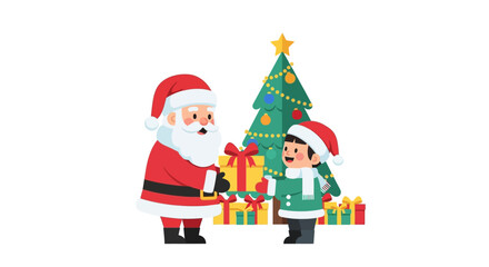 Santa Claus giving a gift to a child near a Christmas tree.