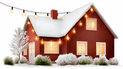 Cozy red house adorned with glowing string lights, surrounded by snow-covered trees and shrubs, captured in a smooth zoom out, showcasing the enchanting winter ambiance and festive spirit - Powered by Adobe