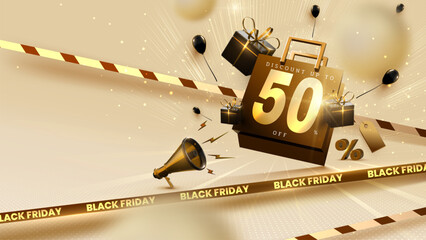 Black Friday Discount Banner Template With Warning Tape, Empty Space For Product Display And Elegant 3D Promotional Element. Luxury Background Design For Advertising Holiday.