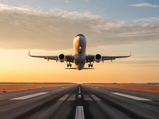Fototapeta premium Airplane takes off at sunset with orange sky in the background