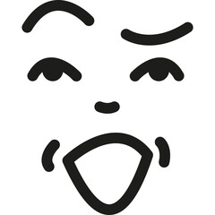 Hand drawn illustration of a happy face with open mouth and closed eyes conveying extreme joy and laughter against a transparent background