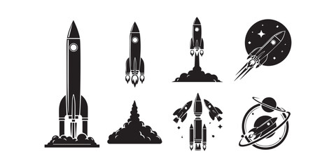 Set of rocket vector icons. Launch spaceship or spacecraft. Rocket fast flying for space. New business start up.