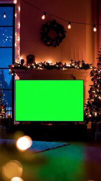 Captivating Christmas ambiance created with glowing lights and a festive backdrop featuring a cozy fireplace and a large green screen display