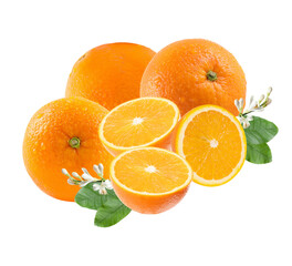 group of whole oranges and halved citrus blossoms with fresh leaves radiating energy and health, perfect for promoting vitality and delicious recipes