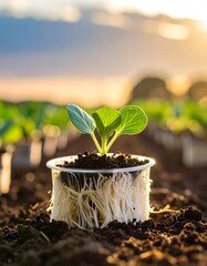 Young Plant in a Cup Ready for Transplanting in the Field.