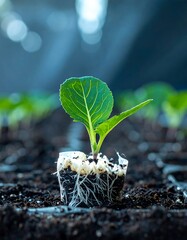 Young Plant with Roots Ready for Planting in Garden Soil.