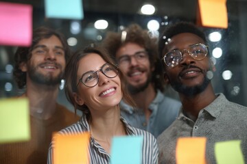 Group of young professionals collaborating during brainstorming session, using colorful sticky notes on glass wall in modern office.
