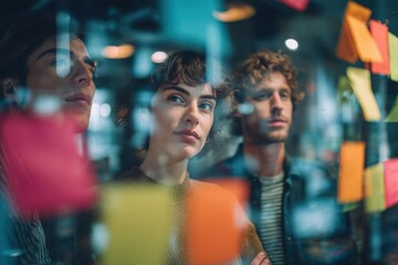 Group of young professionals collaborating during brainstorming session, using colorful sticky notes on glass wall in modern office.