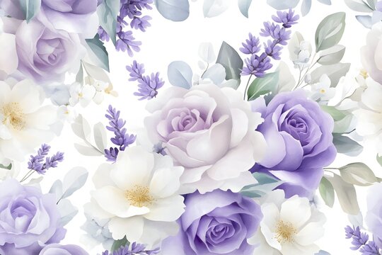 Elegant floral background with watercolor lavender and purple roses
