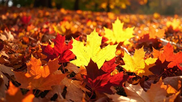Autumn Maple Leaves - A close-up shot features a bed of fallen maple leaves in various shades of red, orange, and yellow on a sunny day. The vibrant colors create a warm and inviting autumnal scene.