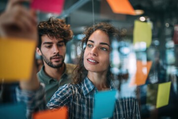 Group of young professionals collaborating during brainstorming session, using colorful sticky notes on glass wall in modern office.