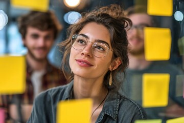 Group of young professionals collaborating during brainstorming session, using colorful sticky notes on glass wall in modern office.