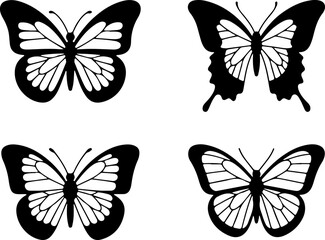 collection of 4 butterfly designs, simple vector black fill, white background