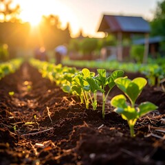 Young Plants Growing in a Row at Sunset in a Garden.