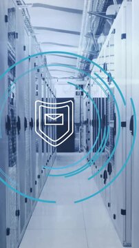 Animation of shield icon and digital data processing over computer servers