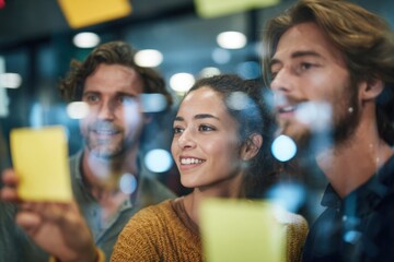 Group of young professionals collaborating during brainstorming session, using colorful sticky notes on glass wall in modern office.