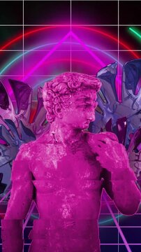 Neon grid and geometric shapes over animation of classical statue with tropical leaves
