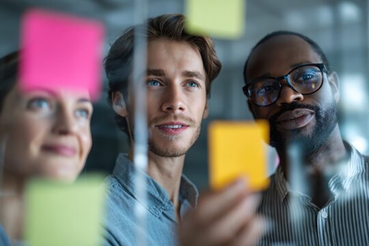 Group of young professionals collaborating during brainstorming session, using colorful sticky notes on glass wall in modern office.