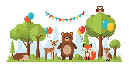 Obraz premium A cheerful illustration depicts a charming forest gathering where cute wild animals like a hedgehog, deer, bear, fox, and owls celebrate amidst trees and festive party decorations.