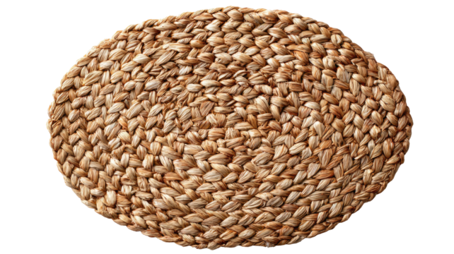 Woven, round mat with a spiral center and textured organic pattern