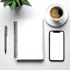 Workspace with notebook, smartphone, coffee, and plant for productivity and creativity.
