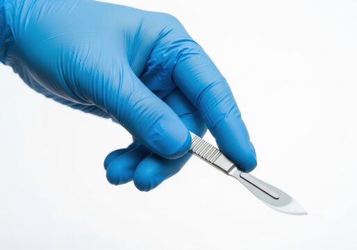Hand wearing blue glove holding a scalpel isolated on white background