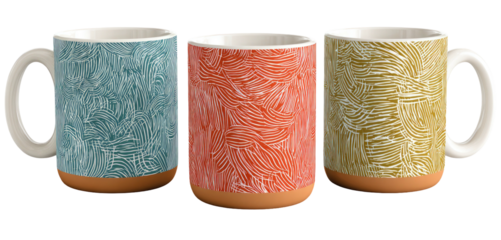 Three textured mugs in blue, orange, and yellow on black background