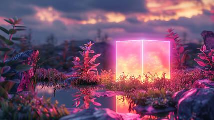 Glowing pink cube in surreal landscape with plants and water reflection nature glowing cube