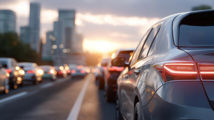 Naklejka premium A diverse group of drivers waiting patiently in their cars during a heavy traffic jam caused by a minor collision ahead, highlighting stress, human behavior, urban mobility, and the daily realities