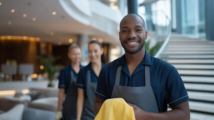 A diverse cleaning team collaborating to tidy a hotel lobby and staircase area, highlighting teamwork, diversity, professionalism, attention to detail, and the high standards of hospitality and