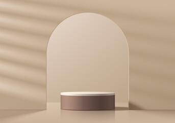 Brown 3d cylindrical podium background with arch gate and window light wall scene. Minimalist mockup pedestal. Abstract stands product display presentation, Stage for showcase. Platforms vector design