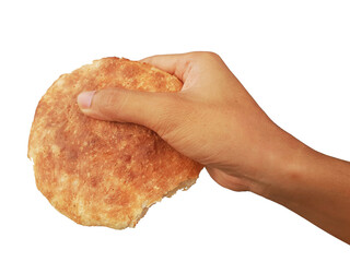 Holding a loaf of bread, isolated on a PNG background.