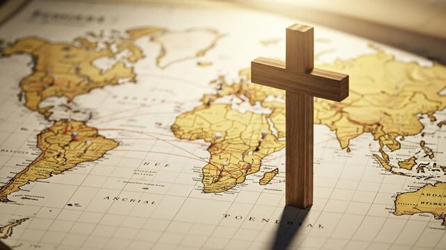 Global missions concept with wooden cross over world map, spreading faith worldwide